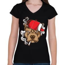 PRINTFASHION Pitbull - Női V-nyakú póló - Fekete