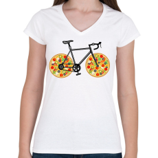 PRINTFASHION Pizza bicikli - Női V-nyakú póló - Fehér