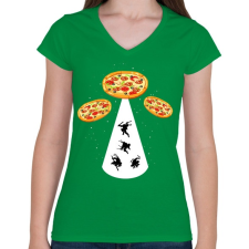 PRINTFASHION Pizza UFO - Női V-nyakú póló - Zöld női póló