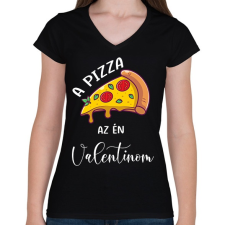 PRINTFASHION Pizza Valentin nap - Női V-nyakú póló - Fekete női póló