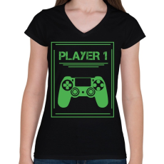 PRINTFASHION PLAYER 1 - Női V-nyakú póló - Fekete