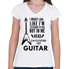 PRINTFASHION PLAYING MY GUITAR - Női V-nyakú póló - Fehér női póló
