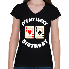 PRINTFASHION POKER SZÜLINAP - Női V-nyakú póló - Fekete