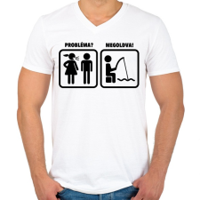 PRINTFASHION Probléma? Megoldva! Horgászat - Férfi V-nyakú póló - Fehér férfi póló