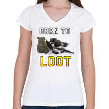 PRINTFASHION PUBG - Born to Loot - Női V-nyakú póló - Fehér női póló