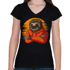 PRINTFASHION Pulóveres lajhár - Női V-nyakú póló - Fekete női póló