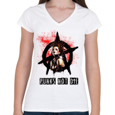 PRINTFASHION punks not die - Női V-nyakú póló - Fehér női póló