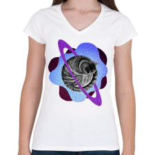 PRINTFASHION Purple cat planet - Női V-nyakú póló - Fehér női póló
