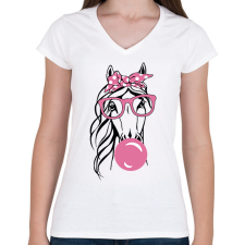 PRINTFASHION Rágózó ló - Női V-nyakú póló - Fehér női póló