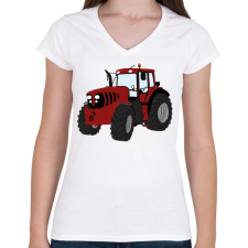 PRINTFASHION Red traktor - Női V-nyakú póló - Fehér női póló