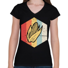 PRINTFASHION Retro kukorica - Női V-nyakú póló - Fekete