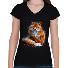 PRINTFASHION róka - Női V-nyakú póló - Fekete