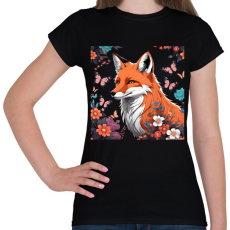 PRINTFASHION róka pillangókkal és virágokkal - Női póló - Fekete
