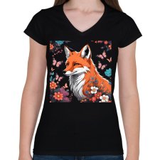 PRINTFASHION róka pillangókkal és virágokkal - Női V-nyakú póló - Fekete női póló