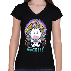 PRINTFASHION Rokker unikornis - Női V-nyakú póló - Fekete