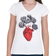 PRINTFASHION RoseHeart - Női V-nyakú póló - Fehér