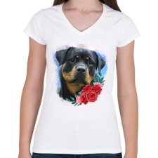 PRINTFASHION Rottweiler virággal - Női V-nyakú póló - Fehér női póló