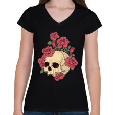 PRINTFASHION Rózsás Koponya - Női V-nyakú póló - Fekete női póló