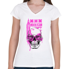 PRINTFASHION Rózsaszín koponya - Női V-nyakú póló - Fehér női póló