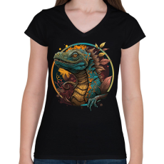 PRINTFASHION Sárkány design - Női V-nyakú póló - Fekete