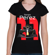 PRINTFASHION Sergio Perez 11 autóversenyző - fehér felirat - Női V-nyakú póló - Fekete női póló