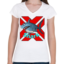 PRINTFASHION shark - Női V-nyakú póló - Fehér női póló