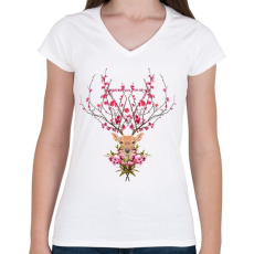 PRINTFASHION Spring deer - Női V-nyakú póló - Fehér