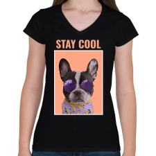 PRINTFASHION Stay Cool Frenchie - Női V-nyakú póló - Fekete női póló