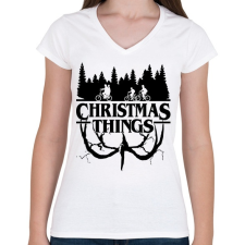 PRINTFASHION Stranger things Christmas things fekete - Női V-nyakú póló - Fehér női póló