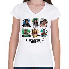PRINTFASHION Stranger Things szereplők - Női V-nyakú póló - Fehér