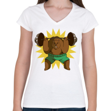 PRINTFASHION Súlyemelő medve - Női V-nyakú póló - Fehér női póló
