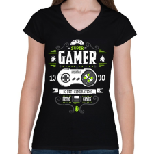 PRINTFASHION Super Retro Gamer - Női V-nyakú póló - Fekete női póló