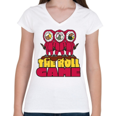 PRINTFASHION Sushi squid game - Női V-nyakú póló - Fehér