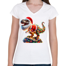 PRINTFASHION Szakállas Tirex dinoszaurusz mikulás sapkában - karácsonyi - Női V-nyakú póló - Fehér