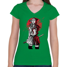 PRINTFASHION Szamuráj lány - Női V-nyakú póló - Zöld