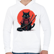PRINTFASHION Szamuráj macska - Férfi kapucnis pulóver - Fehér férfi pulóver, kardigán
