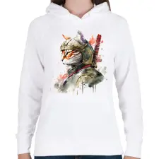 PRINTFASHION Szamuráj macska japán stílusban - Női kapucnis pulóver - Fehér női pulóver, kardigán