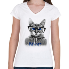 PRINTFASHION Szemüveges Macska - Női V-nyakú póló - Fehér női póló