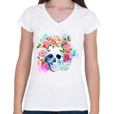 PRINTFASHION Színes halálfej festmény - Női V-nyakú póló - Fehér női póló