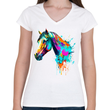 PRINTFASHION Színes ló - Női V-nyakú póló - Fehér női póló