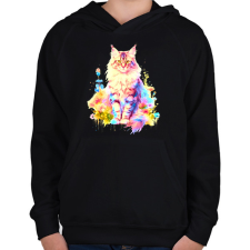 PRINTFASHION Színes maine coon - Gyerek kapucnis pulóver - Fekete gyerek pulóver, kardigán