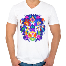 PRINTFASHION Színes oroszlán - Férfi V-nyakú póló - Fehér