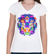 PRINTFASHION Színes oroszlán - Női V-nyakú póló - Fehér