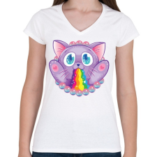 PRINTFASHION Szivárvány macska - Női V-nyakú póló - Fehér női póló