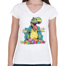 PRINTFASHION T-rex dínó húsvéti tojások - Női V-nyakú póló - Fehér