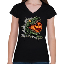 PRINTFASHION T-rex es a Halloween tökfej - Női V-nyakú póló - Fekete női póló