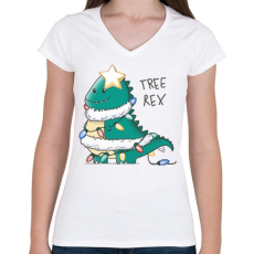PRINTFASHION T-rex karácsonyfa - Női V-nyakú póló - Fehér