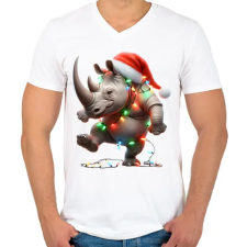 PRINTFASHION Táncoló karácsonyi party orrszarvú - Férfi V-nyakú póló - Fehér férfi póló