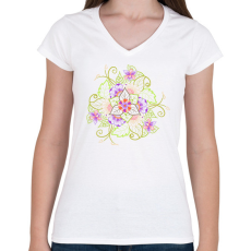 PRINTFASHION Tavaszi virágmandala - Női V-nyakú póló - Fehér