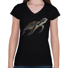 PRINTFASHION Teknős portré - Női V-nyakú póló - Fekete